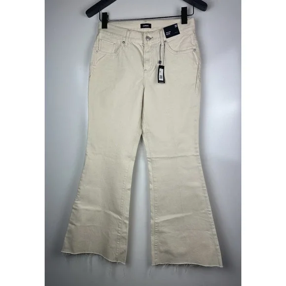 NWT Express Mid Rise Cream Raw Hem '70s Flare Jeans Size 2S 2 Short 28" x 29" - Picture 2 of 16
